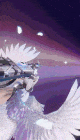 a person with white wings is holding a gun in their hand