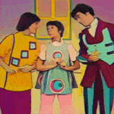a cartoon of three people standing next to each other talking
