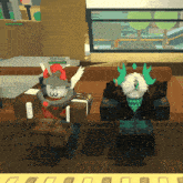 two roblox characters are standing next to each other and one of them has the number 3 on their face