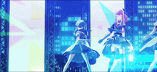 a group of anime girls are dancing on a stage in front of a building .