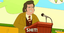 a man in a suit and tie is giving a speech at a podium and says shit