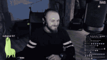 a man wearing headphones is sitting in front of a microphone with a sub goal of 0/1