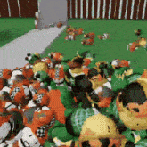 a bunch of stuffed animals are laying on the ground with one that says ' a ' on it