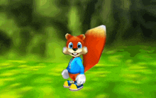 a cartoon squirrel is wearing a blue shirt that says nintendo