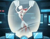 a cartoon character is in a glass container