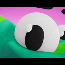 a close up of a cartoon character 's eye with a pink and green background