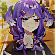 a purple haired anime girl with wings and red eyes