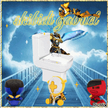 a picture of a toilet with a robot on it and the word gabriel on it