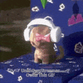 a puppy wearing headphones and a bow tie says unknown streamer owns this gif