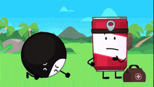a cartoon character standing next to a can of soda with a medical bag