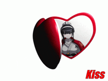 a couple of heart shaped mirrors with the word kiss in the corner