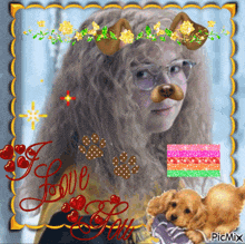 a picture of a girl wearing glasses and a dog mask with the words " i love you "