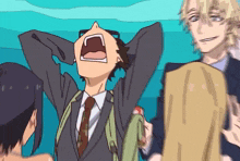 a man in a suit and tie is screaming with his mouth wide open