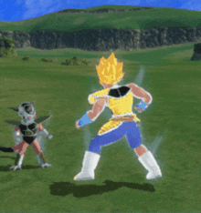 a video game character is fighting another character in a field with mountains in the background