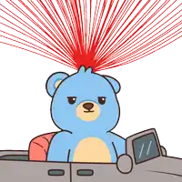 a blue teddy bear is sitting in a car with a red beam coming out of his head