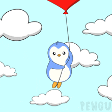 a penguin is holding a red heart shaped balloon in the air