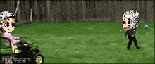a cartoon of a girl riding a lawn mower and a man walking in the grass