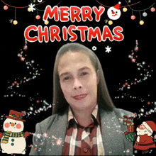 a merry christmas greeting card with a woman in the foreground