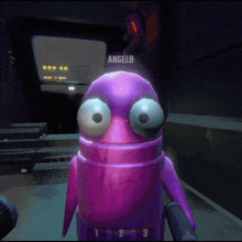 a purple robot with angelb written on the top of it