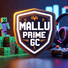 a shield that says mallu prime gc is next to a game controller and headphones