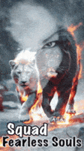 a picture of two tigers with a woman 's face in the background and the words squad fearless souls on the bottom