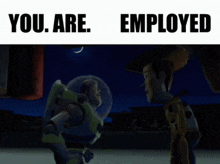 buzz lightyear from toy story standing next to woody at night