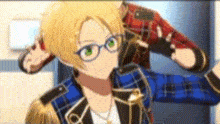 a cartoon character with glasses and a blue jacket is standing in a room .