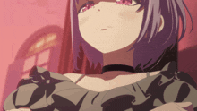 a girl with purple hair and pink eyes is wearing a choker around her neck