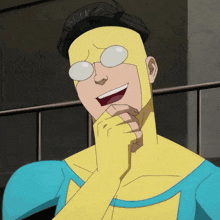 a cartoon character wearing glasses and a yellow suit is smiling