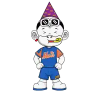 a cartoon character wearing a mets jersey and a party hat