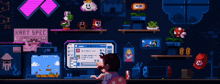 a pixel art of mario playing a video game on a computer