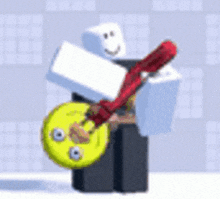 a cartoon character is holding a guitar and a smiley face .
