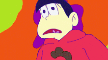 a cartoon character in a red hoodie with a purple background