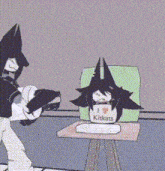 a cartoon of a man holding a gun next to a cartoon of a cat sitting on a table .