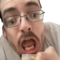 a man with glasses and a mustache is holding a box of pills in his mouth