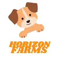 a picture of a brown and white dog with the words horzon farms below it