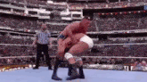 two men are wrestling in a wrestling ring in front of a crowd .