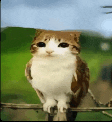 a cat that looks like an owl is perched on a fence post