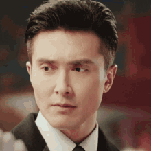 a close up of a man 's face with a suit and tie