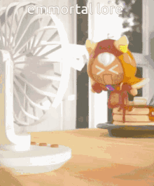 a cartoon character is standing in front of a fan with the words emmortal lore written on it