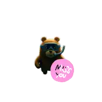 a teddy bear wearing goggles stands next to a pink miss you sticker