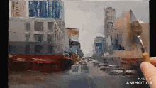 a painting of a city street is being made by animatica