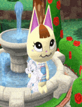 a cat with purple ears is sitting next to a fountain