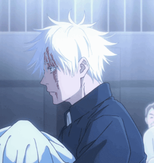 a drawing of a man with white hair and a blue shirt