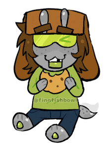 a drawing of a rabbit wearing a hat and goggles holding a cookie