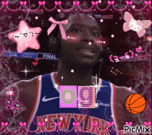 a man wearing a new york jersey is surrounded by pink bows and hearts