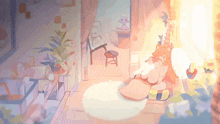a cartoon drawing of a woman sitting on a rug in a living room