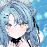 a close up of a anime girl with blue hair