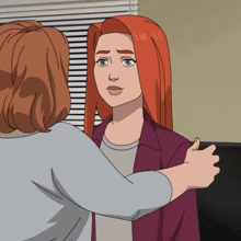 a cartoon drawing of a woman with red hair talking to another woman
