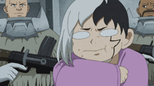 a cartoon character with a gun behind her